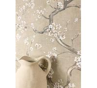Newroom papier peint intissé beige fleurs de cerisier salon chambre | branches fleuries blanches, greige chaleureux, esprit campagne naturelle, motif floral, revêtement mural déco