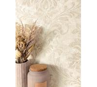 Newroom papier peint intissé beige ornements baroques damassés salon | arabesques florales à reflets dorés métallisés, fine texture crépi, papier peint floral, décoration murale, chambre entrée