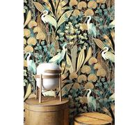 Newroom papier peint intissé noir jungle tropicale chambre salon | motif jungle avec hérons et feuilles de palmier, finition mate, style bohème, décoration murale bureau et entrée