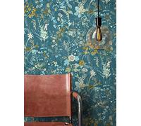 Newroom Papier Peint Intissé Turquoise Fleurs Boho Salon Chambre | Floraisons délicates et pétales, jaune moutarde vert sauge crème, effet nuagé mat, style vintage, tapisserie florale, séjour