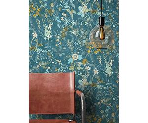 Newroom Papier Peint Intissé Turquoise Fleurs Boho Salon Chambre | Floraisons délicates et pétales, jaune moutarde vert sauge crème, effet nuagé mat, style vintage, tapisserie florale, séjour