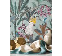 Newroom Papier Peint Intissé Vert Cacatoès Décoration Murale Salon Chambre | Oiseaux exotiques, feuilles et fleurs tropicales, style botanique, vinyle résistant au frottement, salle à manger et entrée