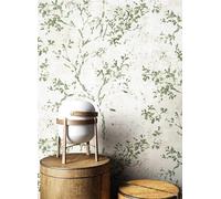 Newroom Papier Peint Intissé Vert Feuilles Floral Champêtre Salon | rameaux fleuris grimpants, fine texture lin, esprit bohème nature, décoration murale, tapisserie tendance, chambre, entrée