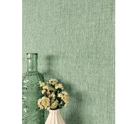 Newroom papier peint intissé vert grisé uni aspect lin salon | texture verticale et mate, sauge feutré doux moderne naturel, décoration murale, tapisserie déco, salle à manger bohème