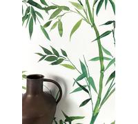 Newroom papier peint intissé vert jungle bambou salon chambre | fine structure lin mate, aquarelle feuilles et tiges, style japandi botanique, décoration murale florale, entrée bureau