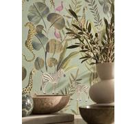 Newroom Papier Peint Intissé Vert Jungle Flamants Décoration Murale Salon | Feuillage tropical, animaux exotiques, structure fine, pose sans table à tapisser, 10,05 x 0,53 m, chambre et bureau