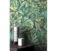 Newroom papier peint intissé vert jungle motif tropical chambre salon | feuilles de monstera et palmier, tons sapin et olive, finition mate gaufrée, décoration murale botanique, entrée, couloir