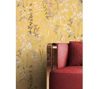NEWROOM Papier peint Jaune Fleur Intissé - Floral Beige Corail Feuilles Rameau Romantique