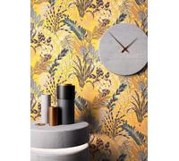 NEWROOM Papier peint Jaune Jungle Intissé - Floral Marron Ocre Fleurs Feuilles Tropical