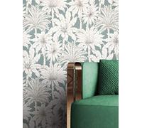NEWROOM Papier peint Vert Jungle Intissé - Tropical Gris Crème Palmiers Arbre Floral | Décor botanique feuillage, fond sauge, nuances blanc crème, texture lin fine, décoration murale, salon, cuisine