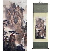 Newscz 92x30 CM Rouleau de soie brochée Paysage de montagne et cascade Décoration murale intérieure chambre salon Peinture traditionnelle à l'encre sur soie éco-responsable HJ-J007