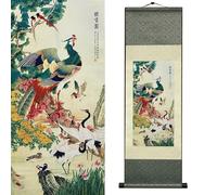 Newscz 92x30 CM Rouleau de soie Paon de jade Grue Mandarin Décoration murale intérieure chambre salon bureau Peinture sur soie artisanale symbole de bonheur éco-responsable HJ-K004
