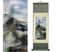 Newscz 92x30 CM Rouleau de soie Paysage de montagne chinois avec pont en pierre et lune Décoration murale élégante chambre salon Peinture traditionnelle à l'encre sur soie éco-responsable HJ-J002