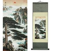 Newscz 92x30 CM Rouleau de soie Paysage de pin accueillant avec lever de soleil et cascade Décoration murale chambre salon Peinture traditionnelle à l'encre sur soie éco-responsable HJ-J005