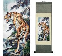 Newscz Art Mural Chambre Tapisserie Murale en Soie Tigre Dynamique Paysage Montagneux Calligraphie Décoration Traditionnelle Chinoise Maison Salon Déco Intérieure 92x30 CM (HJ-L005)