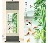 Newscz Decoration Chambre Poster Murale Affiche Decoration Bambou Murale Asiatique Peinture sur Rouleau de Soie Botanique Bambou Decorations Murales pour Bureau Decoration Maison Chambre 92 x 30cm