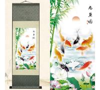 Newscz Decoration Chambre Poster Murale Affiche Decoration Murale Chambre Asiatique Peinture sur Rouleau de Soie Poisson Koï Decorations Murales pour Decoration Maison Chambre Bureau 92 x 30cm
