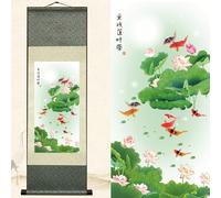 Newscz Decoration Chambre Poster Murale Affiche Decoration Murale Chambre Asiatique Peinture sur Rouleau de Soie Poisson et Lotus Decorations Murales pour Decoration Maison Chambre Bureau 92 x 30cm