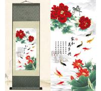 Newscz Decoration Chambre Poster Murale Tableaux Fleur Affiche Decoration Murale Chambre Peinture sur Soie Poisson et Pivoine Decorations Murales pour Decoration Maison Chambre Bureau 92 x 30cm
