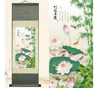 Newscz Poster Murale Asiatique - Decoration Chambre Bambou - Peinture sur Rouleau de Soie Avec Poisson - Affiche Murale pour Maison, Bureau - 92 x 30cm