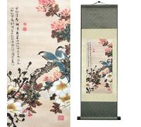 Newscz Tableau Chinois Traditionnel en Rouleau de Soie Haute Qualité Impression Détaillée Oiseau Bleu Fleurs Style Encre & Couleur Décoration Murale Intérieure 92x30 CM (HJ-J001)