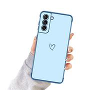 Newseego Coque Compatible avec Samsung Galaxy S21 FE 5G Etui pour Filles Femmes,Mignon Motif Coeur d'amour Housse Bord Placage Doré Silicone Antichoc Housse de Protection pour Samsung S21 FE-Bleu