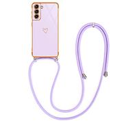 Newseego Coque Compatible avec Samsung Galaxy S22 5G Mignon Amour Coeur Motif Silicone S22 Coque avec Cordon Tour de Cou Placage Bord Antichoc Housse de Protection avec Lanière pour Samsung S22-Violet