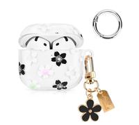 Newseego Coque pour Airpods 4, Doux Motif Floral Transparent Étui avec Mousqueton et Pendentif à Fleur TPU Housse Antichoc Protection Portable Protege Compatible avec Airpods 4 Noir+Blanc