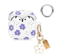 Newseego Coque pour Airpods 4, Doux Motif Floral Transparent Étui avec Mousqueton et Pendentif à Fleur TPU Housse Antichoc Protection Portable Protege Compatible avec Airpods 4 Violet+Blanc