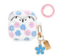 Newseego Coque pour Airpods 4, Doux Motif Floral Transparent Étui avec Mousqueton et Pendentif à Fleur TPU Housse Antichoc Protection Portable Protege Compatible avec Airpods 4 Rose+Bleu