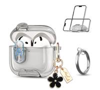 Newseego Coque pour Airpods 4, Transparent Étui avec Serrure et Support Téléphone TPU Housse avec Mousqueton et Pendentif à Fleur Antichoc de Protection Compatible avec Airpods 4eme Generation Noir