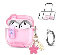 Newseego Coque pour Airpods 4, Transparent Étui avec Serrure et Support Téléphone TPU Housse avec Mousqueton et Pendentif à Fleur Antichoc de Protection Compatible avec Airpods 4eme Generation Rose
