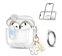 Newseego Coque pour Airpods 4, Transparent Étui avec Serrure et Support Téléphone TPU Housse avec Mousqueton et Pendentif à Fleur Antichoc de Protection Compatible avec Airpods 4eme Transparent