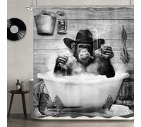 Newsely Rideau de Douche Amusant avec Singe, 183 x 183 cm (L x H), Singe Cowboy Occidental dans la Baignoire, Noir et Blanc, Monde Animal, Rideau de Douche, Ensemble de Salle de Bain, pour garçons et