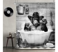Newsely Rideau de Douche Amusant Singe 152,4 x 183 cm (l x H) - Cowboy Occidental chimpanzé dans la Baignoire - Rideau de Douche Noir et Blanc - Ensemble de Salle de Bain imperméable pour garçons et