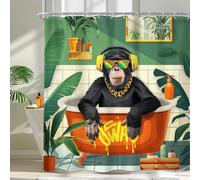 Newsely Rideau de douche drôle avec singe 180Lx180H cm Motif feuilles de palmier tropical Animal se baignant dans la baignoire Rideau de douche moderne et cool Ensemble de rideaux de salle de bain