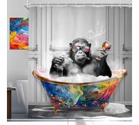Newsely Rideau de douche motif singe amusant - 183 x 183 cm - Noir et blanc - Animal dans la baignoire - Chimpanzé - Pour garçons et hommes - Graffiti moderne - Imperméable - Accessoires de décoration