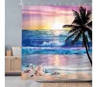 Newsely Rideau de Douche océan Lever du Soleil 183 x 183 cm - Plage Tropicale Palmier hawaïen Coucher de Soleil Paysage côtier Vague de mer - Ensemble de Salle de Bain imperméable - Accessoires de
