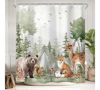 Newsely Rideau de douche pour enfants - Motif animaux de la forêt - 183 x 183 cm - Motif animaux de la forêt - Style rustique - Décoration d'intérieur