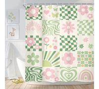 Newsely Rideau de douche rétro mignon à motif floral vert rose 152,4 x 183 cm (l x H) - Style danois des années 70 - Esthétique arc-en-ciel - Ensemble de salle de bain étanche - Accessoires de