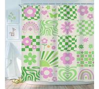 Newsely Rideau de Douche rétro Mignon Vert Rose Fleur 183 x 183 cm Abstrait Danois Pastel à Carreaux Arc-en-Ciel rainuré Ensemble de Salle de Bain pour Filles Accessoires de décoration de Bain