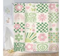 Newsely Rideau de Douche rétro Mignon Vert Rose Fleur 183 x 183 cm Abstrait Danois Pastel à Carreaux Arc-en-Ciel rainuré Ensemble de Salle de Bain pour Filles Accessoires de décoration de Bain