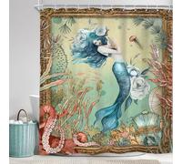 Newsely Rideau de douche rétro sirène 152,4 x 183 cm (l x H) - Bleu nautique - Océan - Pieuvre - Corail - Ensemble de salle de bain - Poisson sous-marin - Coquillage - Méduse - Étanche - Accessoires