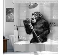 Newsely Rideau de Douche Singe Amusant 183 x 183 cm - Noir et Blanc - Chimpanzé Chantant dans la Baignoire - pour Hommes, Enfants, garçons, Salle de Bain - Moderne - Imperméable - Accessoires de