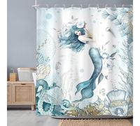 Newsely Rideau de douche sirène 152,4 x 183 cm (l x H) - Bleu nautique - Océan - Pieuvre - Corail sous-marin - Poisson sous-marin, coquillages, méduses - Ensemble de salle de bain imperméable -