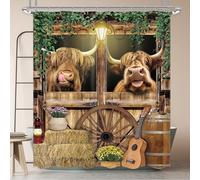 Newsely Rideau de douche Vache des Highlands occidentaux 152,4 x 183 cm Vintage Taureau Planche de bois Porte de grange Rideau de douche Ensemble de salle de bain Cowboy Plantes Bois Imperméable