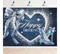 Newsely Toile de fond pour photographie avec nœud en denim et diamants - 17,8 x 12,7 cm - Coquette bleue « Happy Birthday » - Bannière d'anniversaire pour femmes et filles - Talons hauts argentés