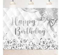 Newsely Toile de fond pour photographie d'anniversaire blanche et argentée - 20,3 x 15,2 cm - Motif « Happy Birthday » - Pour filles et femmes - Moderne et luxueuse - Décoration de fête - Bannière
