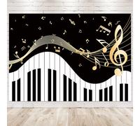 Newsely Toile de fond sur le thème du piano pour photographie de notes de musique dorées et clavier de piano - Fond élégant et moderne pour enfants, hommes et femmes - Décorations de fête - Bannière
