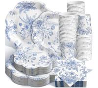 Newtay Lot de 250 assiettes et serviettes jetables à motif floral bleu et blanc pour 50 invités - Assiettes en carton jetables - Serviettes et gobelets pour mariage, fête prénuptiale